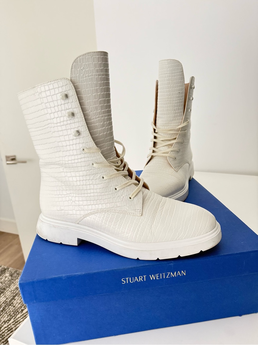 Stuart Weitzman Embossed Croc Leather Mckenzee Boot White